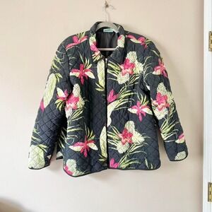 Tropical Flower Silk Quilted Jacket Pink Flower Green Beaded